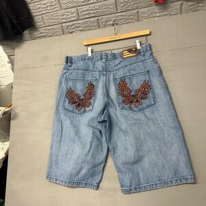 Evolution in Design Mens Denim Shorts Eagle Embroidered Distressed Blue Size 38